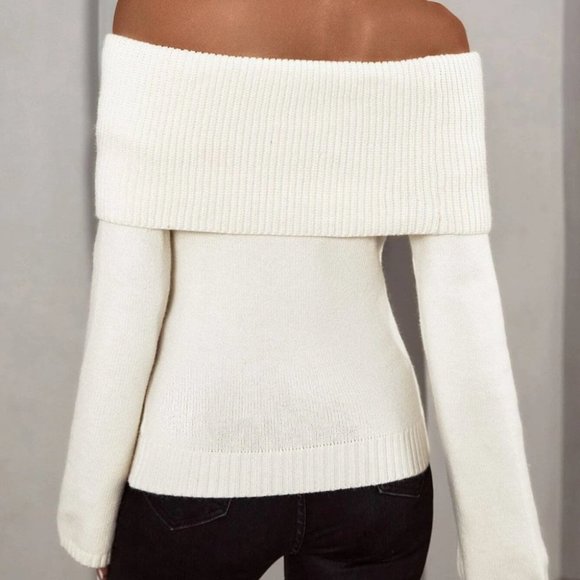 Beige Preppy Womens off shoulder long sleeves Sweater - Picture 2 of 5